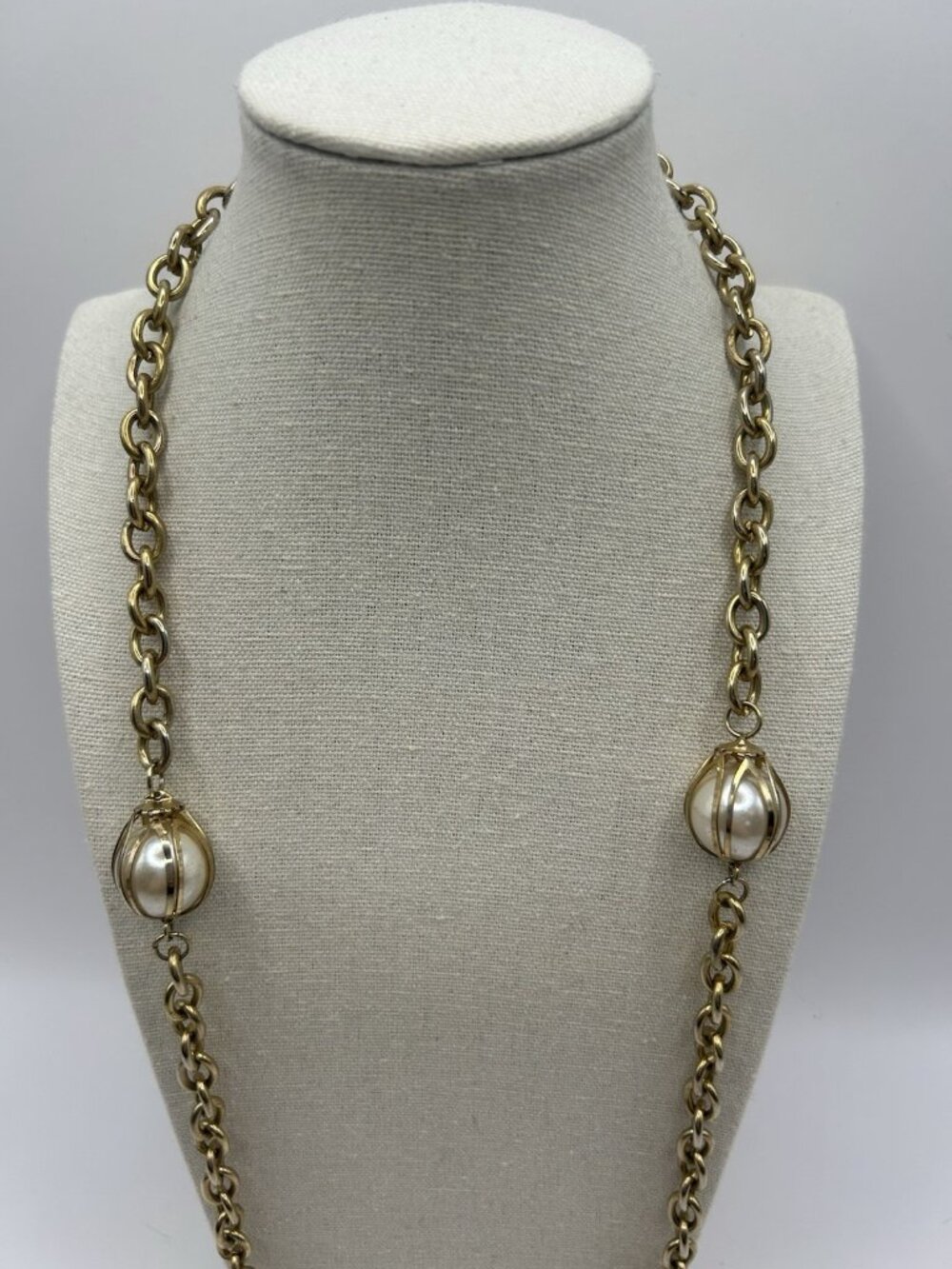 Vintage Gold Tone Chain Faux Pearl Bead Station Necklace Long 30” Cottagecore - Picture 3 of 15